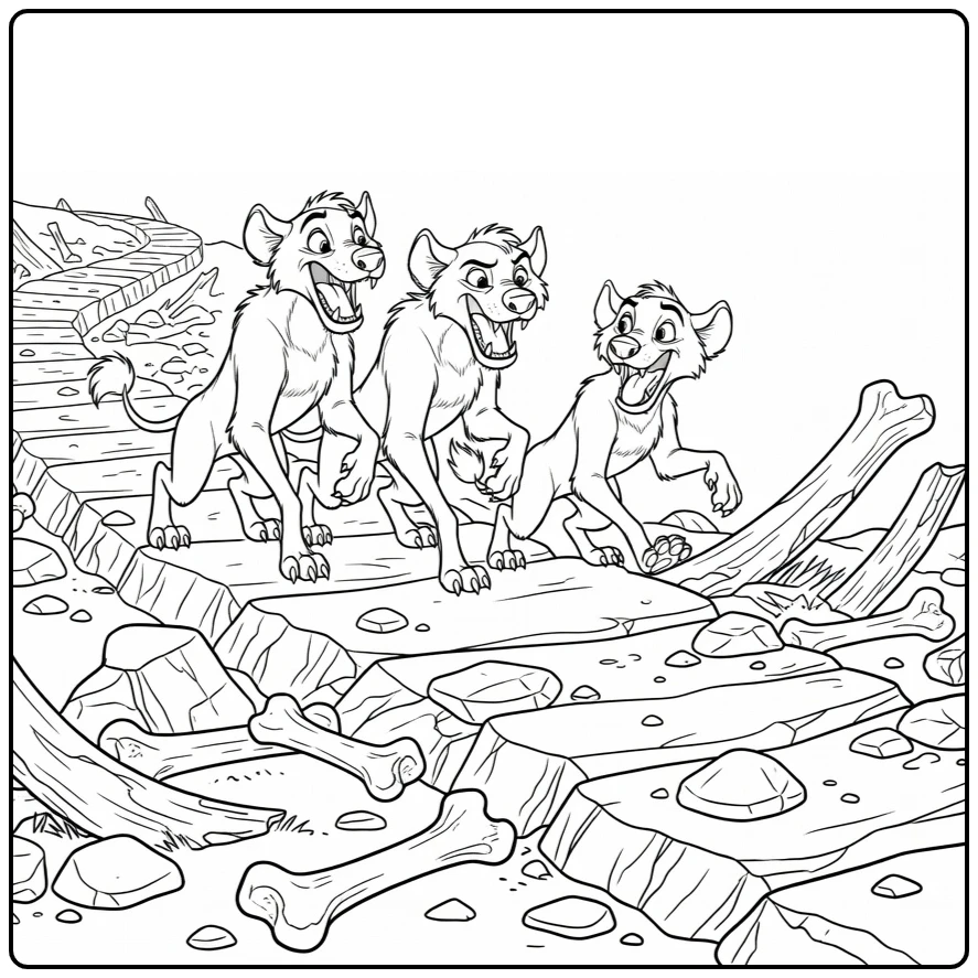 Shenzi, Banzai, and Ed Bones and Stone in Skeleton Valley coloring page