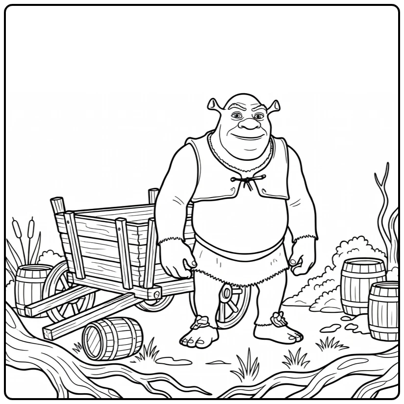 Shrek in Swamp with Cart Plants and Carrots coloring page