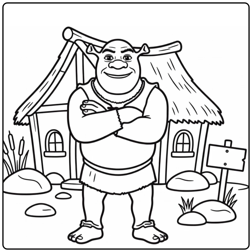 Shrek with Swamp Hut Stone and Sign coloring page