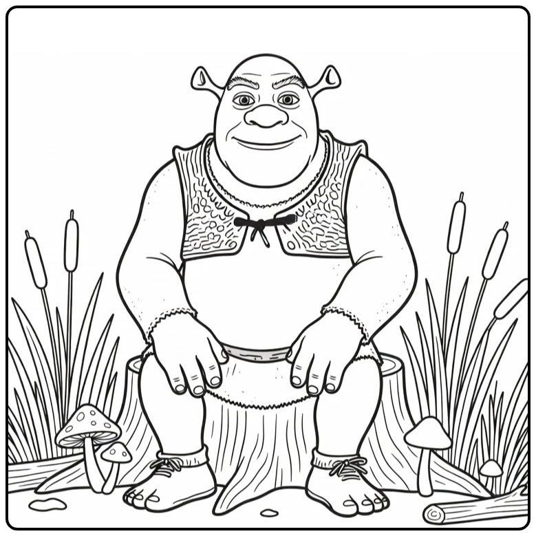 Shrek on Stump in Swamp Surrounded by Mushrooms and Loggen coloring page