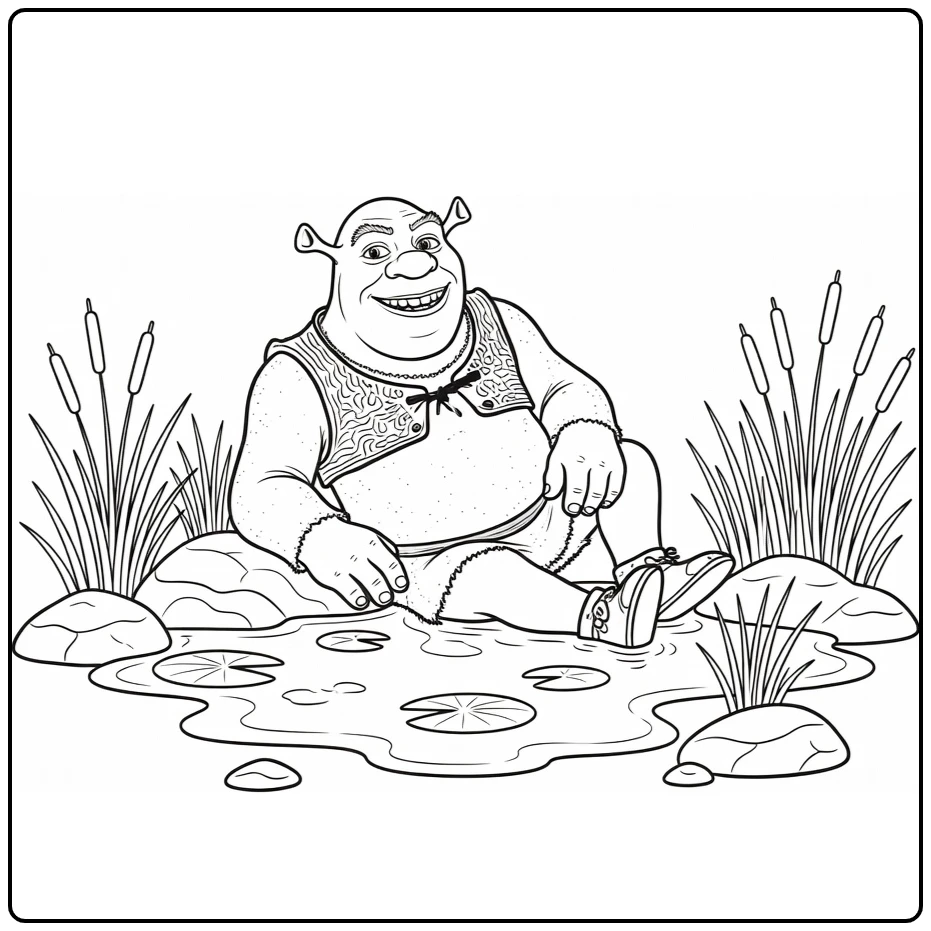 Cheerful Shrek Next to Poel and Reeds coloring page