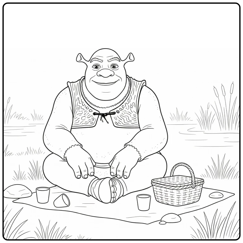 Shrek Picknickend with Bekers and Stone in Swamp coloring page