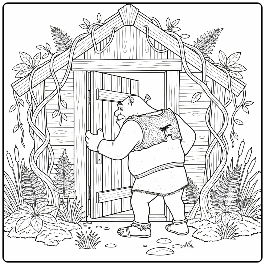 Shrek Door Swamp House with Plants and Vines coloring page