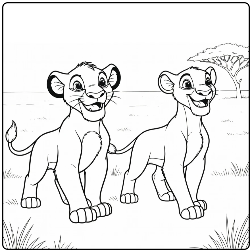 Simba and Nala in Savanna with Grass and Acacia Tree coloring page