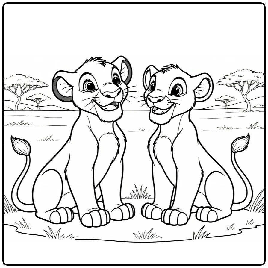 Simba and Nala Trees and Savanna Background coloring page