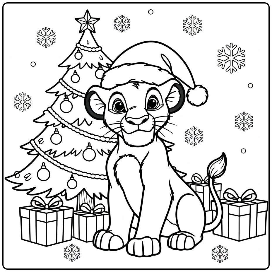 Simba Christmas Party with Gifts and Snow coloring page