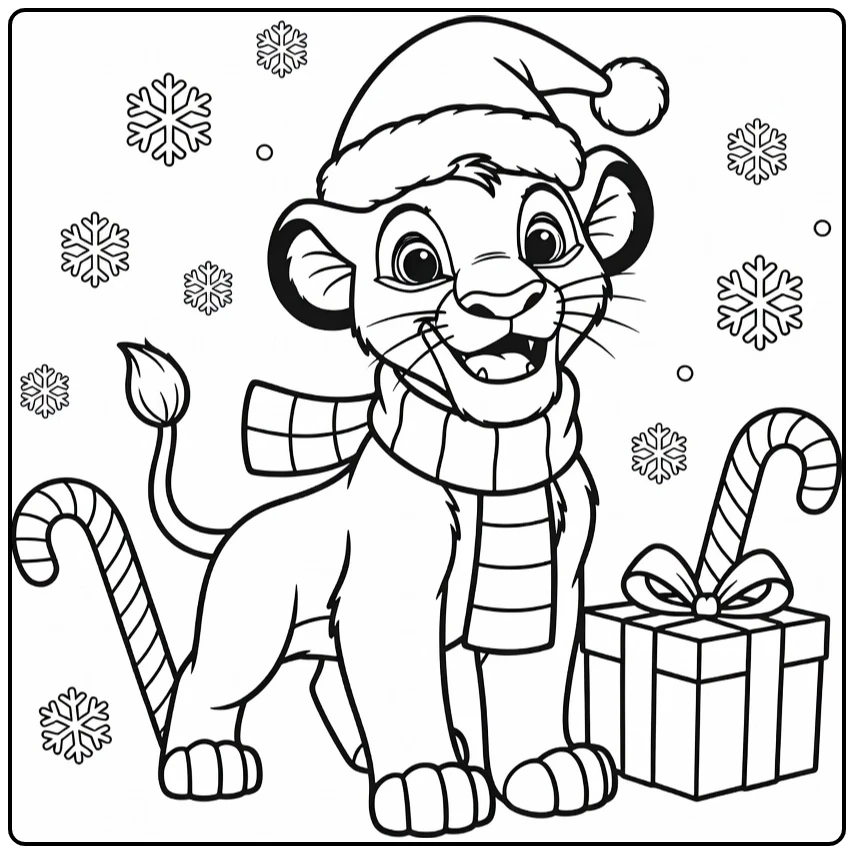 Simba Christmas in Wintry Scene with Gift and Snow coloring page