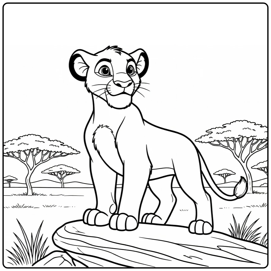 Proud Simba Looking Out Over Savanna with Acacias coloring page