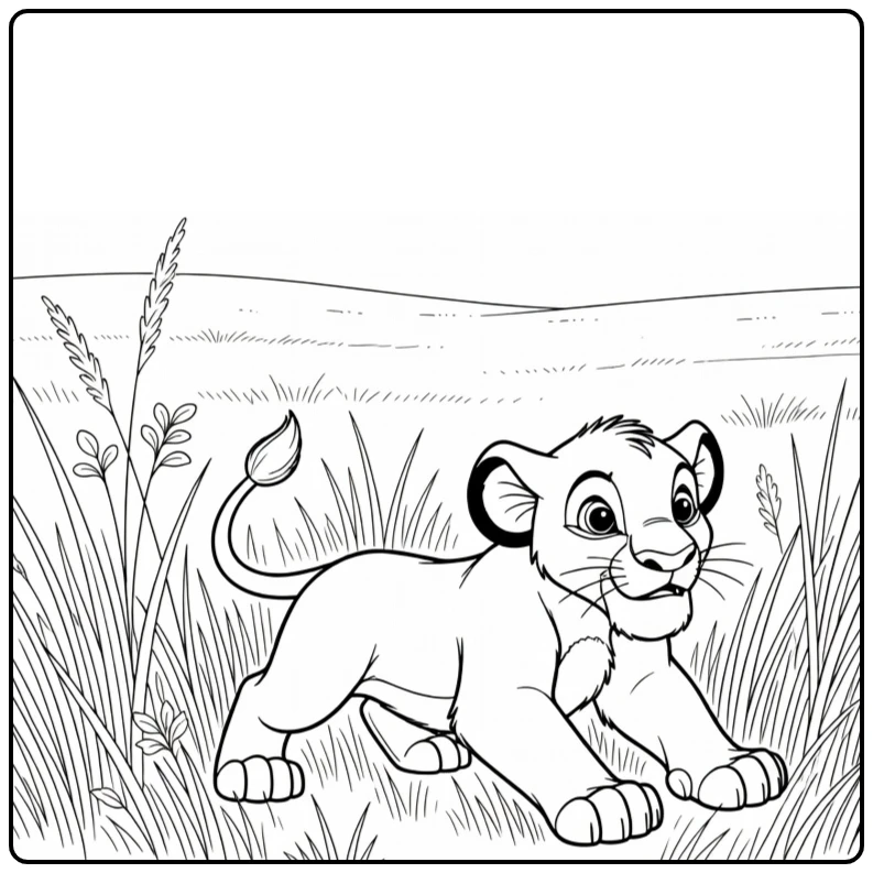 Simba Crouching Lion Cub in Grass Ready to Pounce coloring page