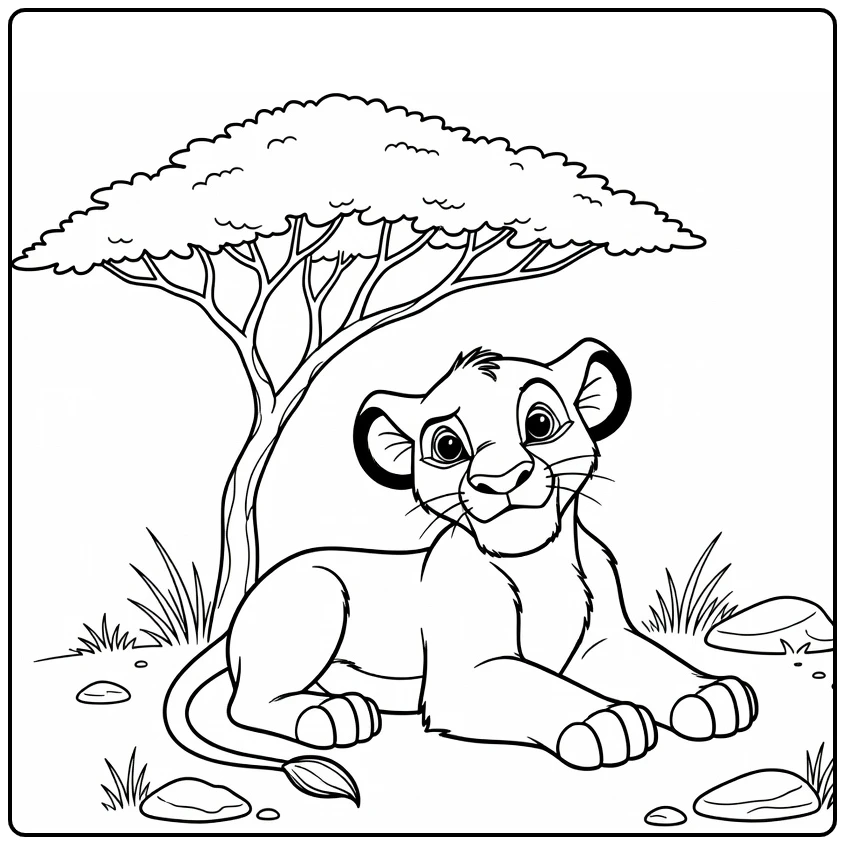 Simba Relaxing Under Small Tree coloring page