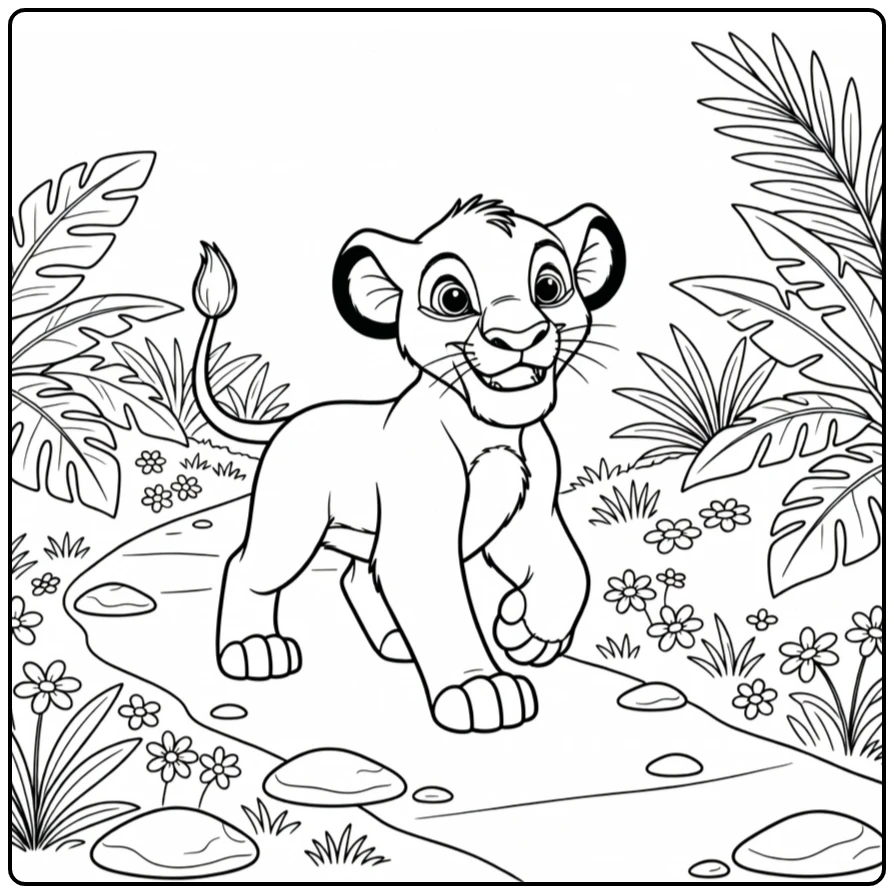 Simba Playful Lion in Peaceful Jungle Scene coloring page