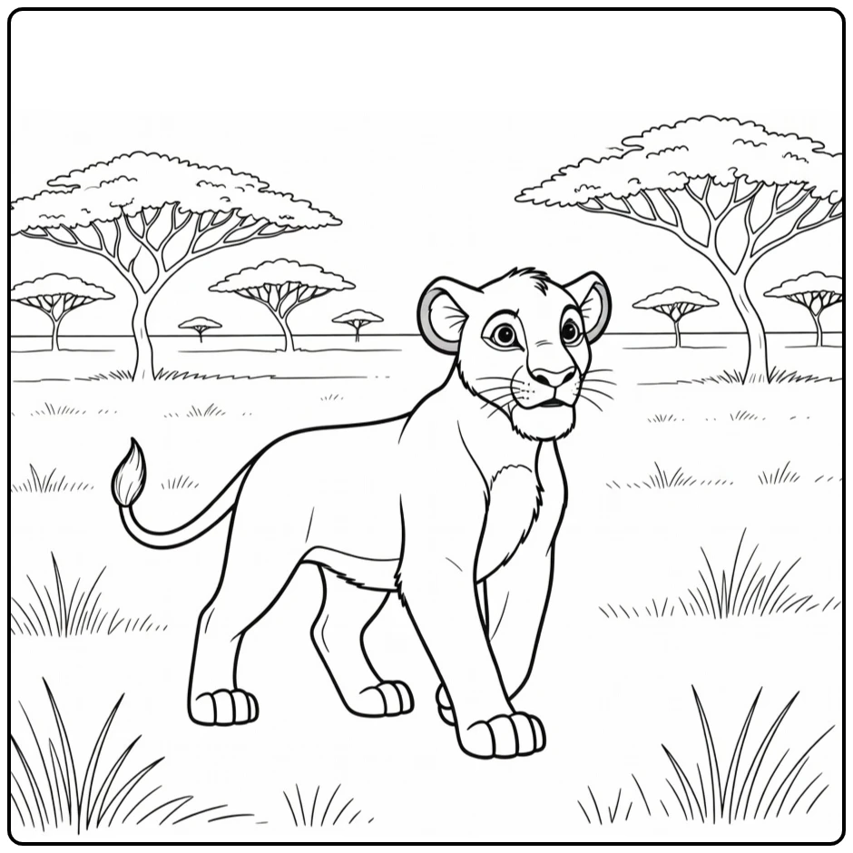 Simba Proud Lion on Savanna with Grass coloring page