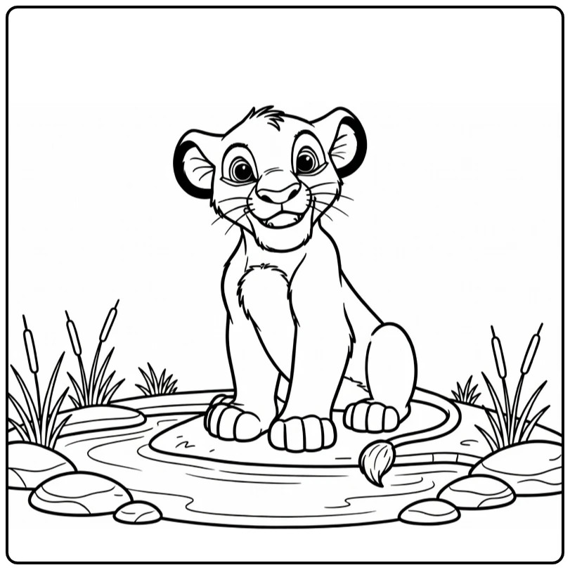 Simba coloring page with a playful lion cub scene