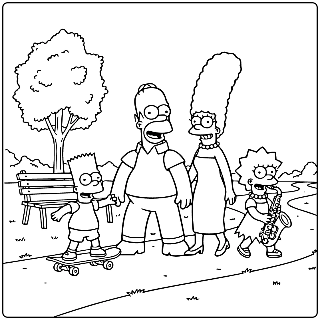 Simpsons Homer Marge and Bart on Cheerful Walk coloring page
