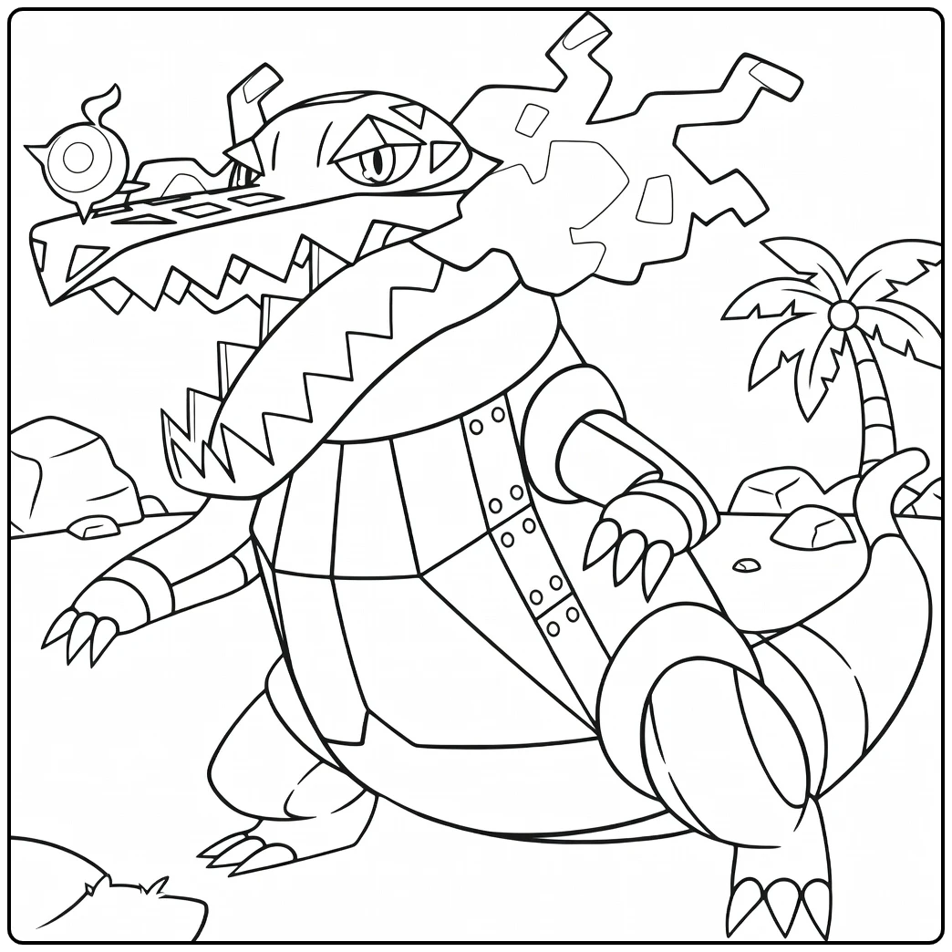 Skeledirge Pokemon Fire in Tropical Landscape coloring page
