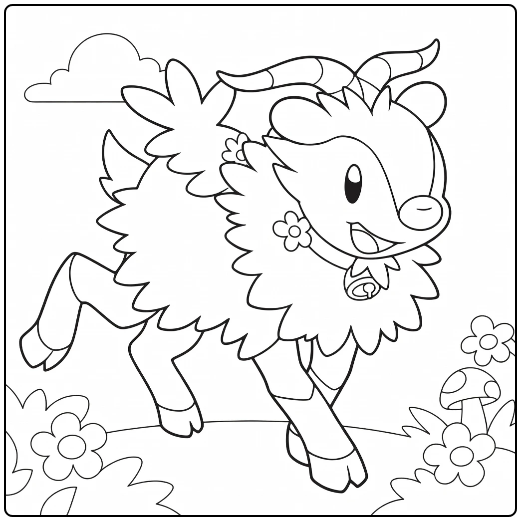 Skiddo Cheerful Little Goat in Flowery Grass Field coloring page