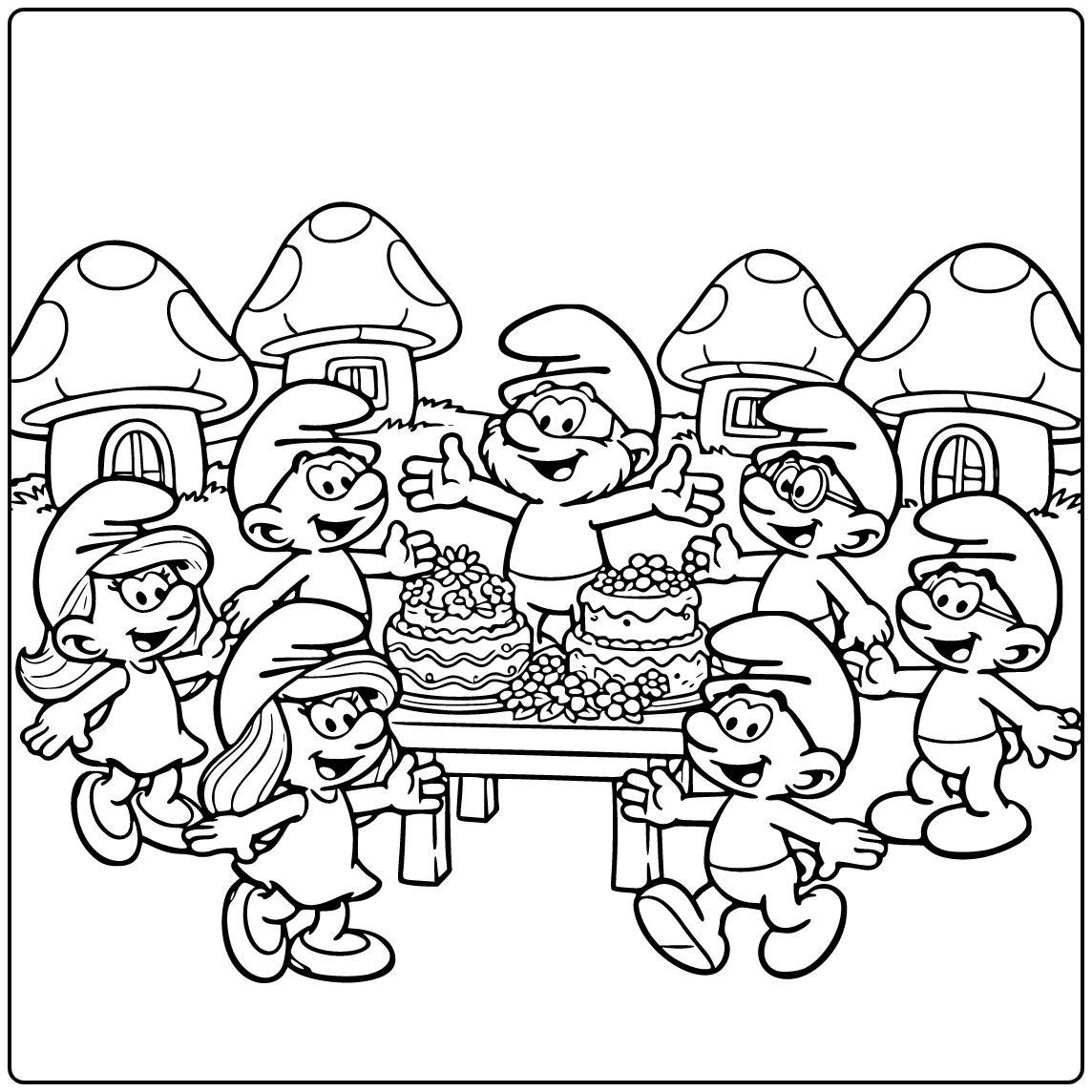 Smurfs Central Village Celebration with Papa Smurf Center coloring page