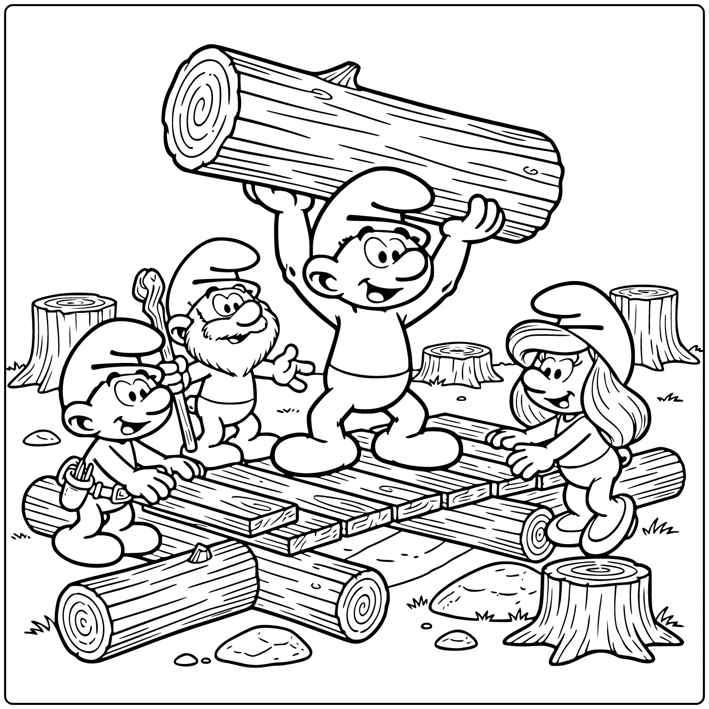 Smurfs coloring page with a printable village scene