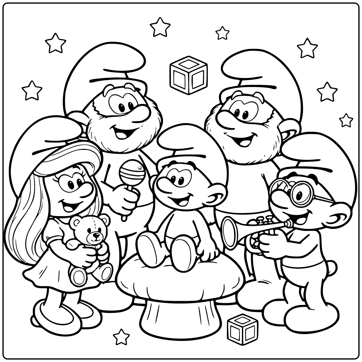 9 Smurfs and Baby Smurf in the Center coloring page