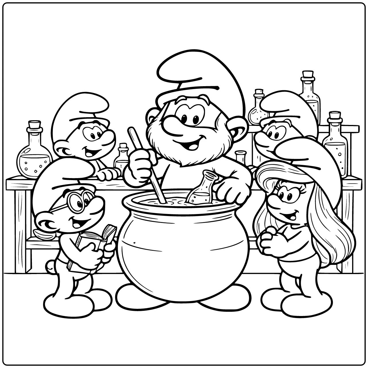 Smurfs Papa Smurf Stirring in Round Cauldron with Edge coloring page