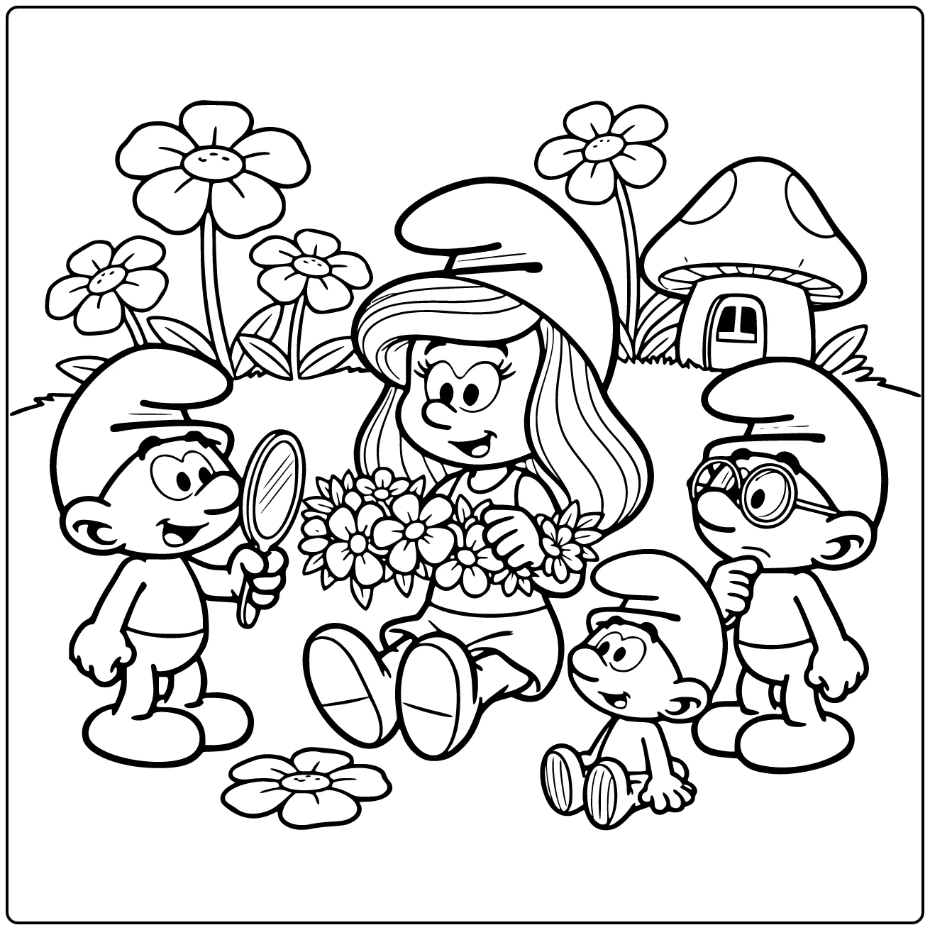 Smurfs Smurfette Decorating Flower Crown with Vanity Smurf coloring page