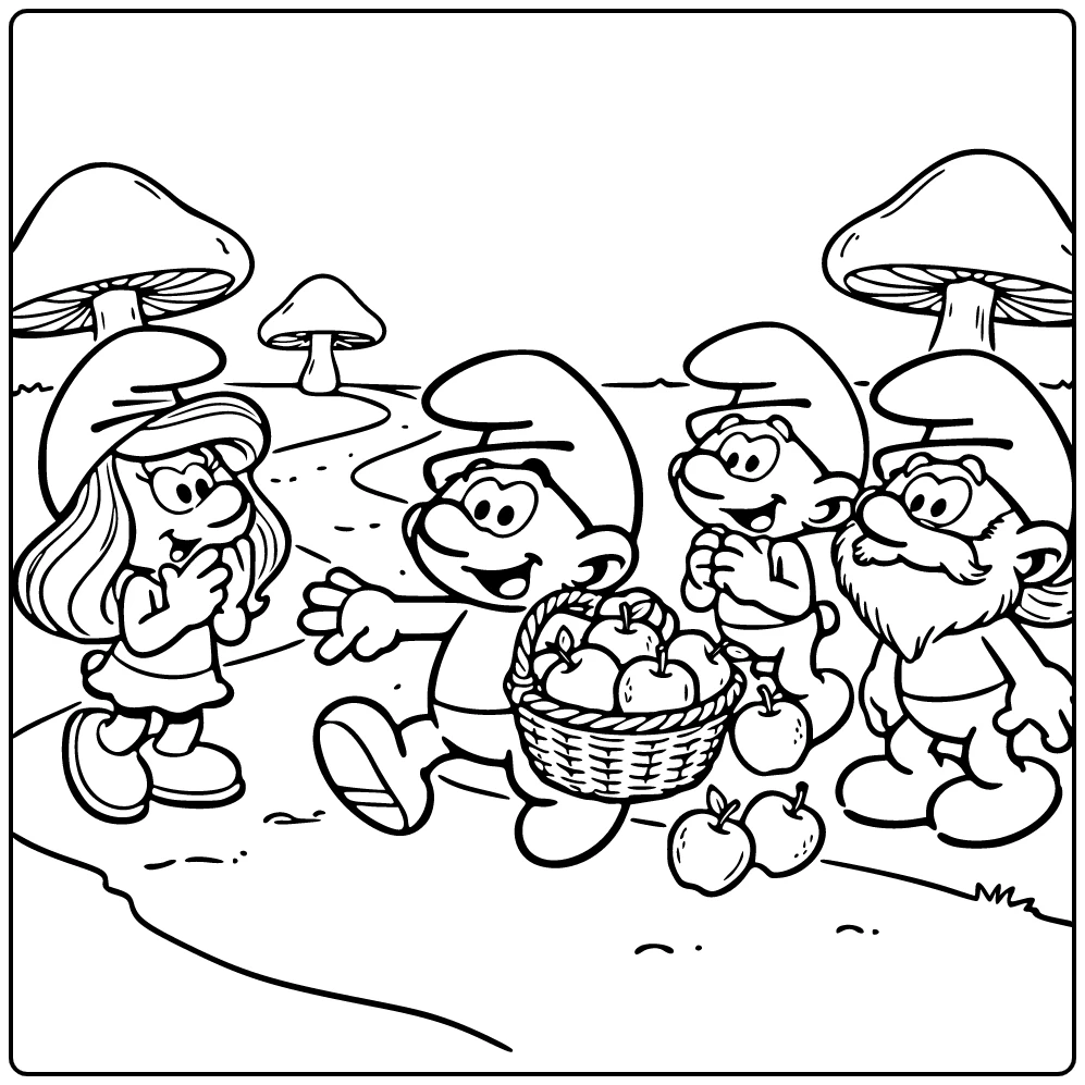 Smurfs Clumsy Smurf Falling Apples Carrying with Smurfette coloring page