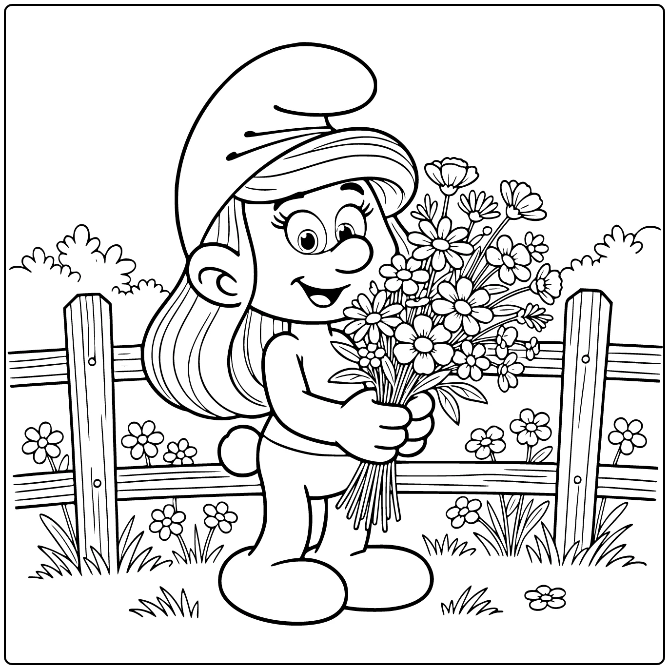 Smurfette Bouquet Wild Flowers Next to Hedge coloring page