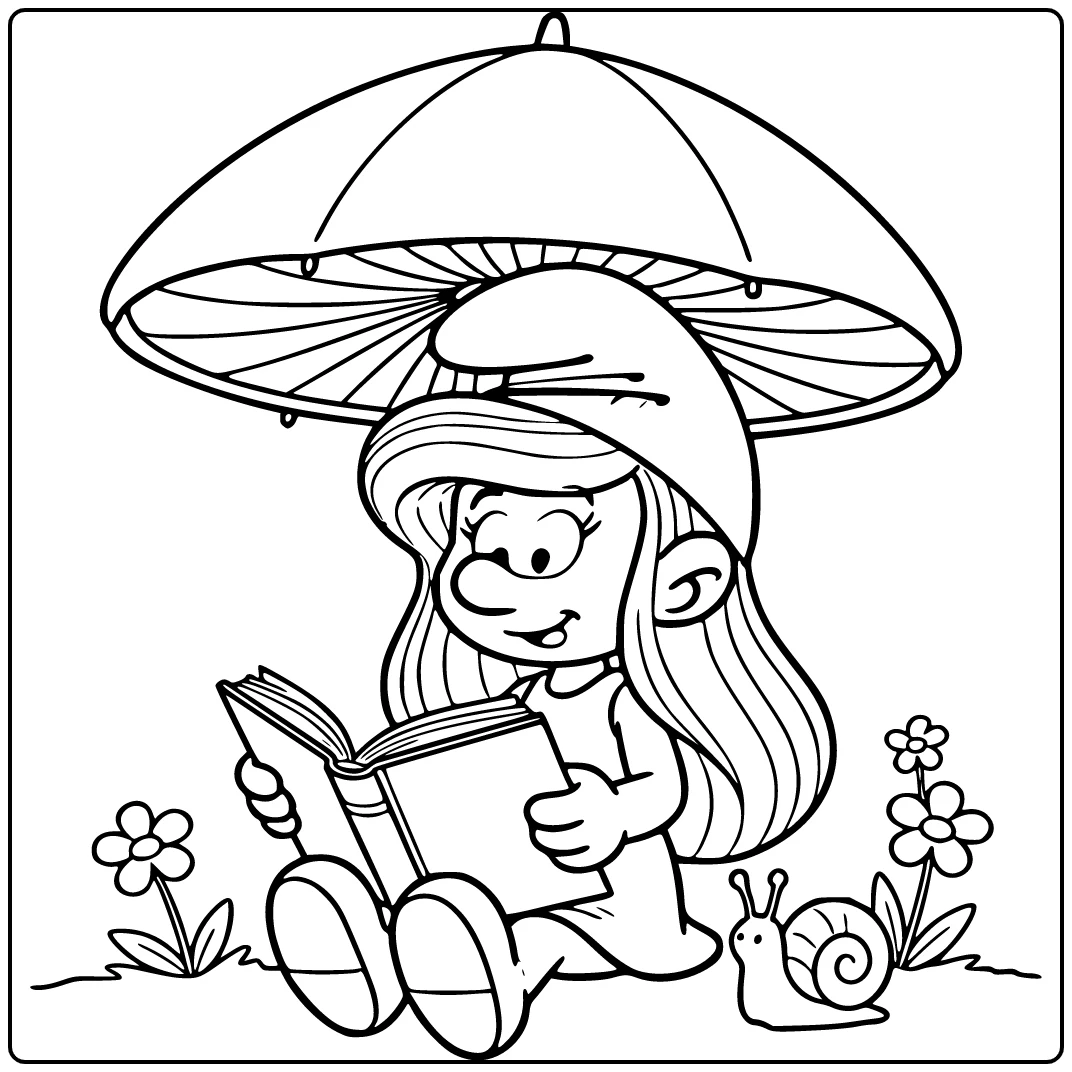 Reading Smurfette with Mushroom coloring page