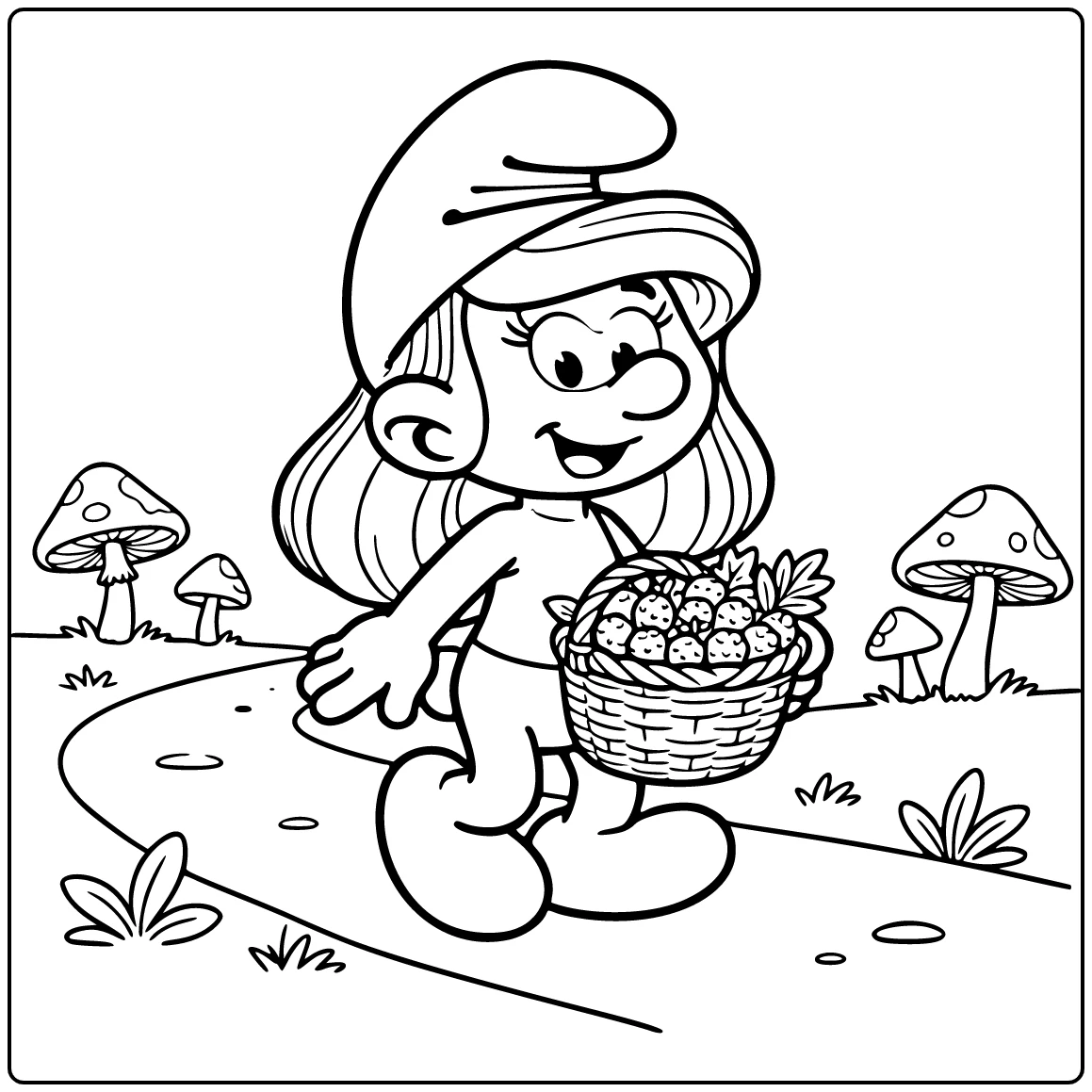 Smurfette Basket Berries Through Village coloring page