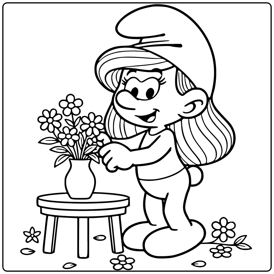 Smurfette at Vase with Flowers on Edge coloring page