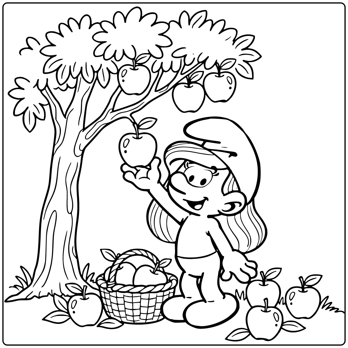 Smurfette with Apple Tree Branch coloring page