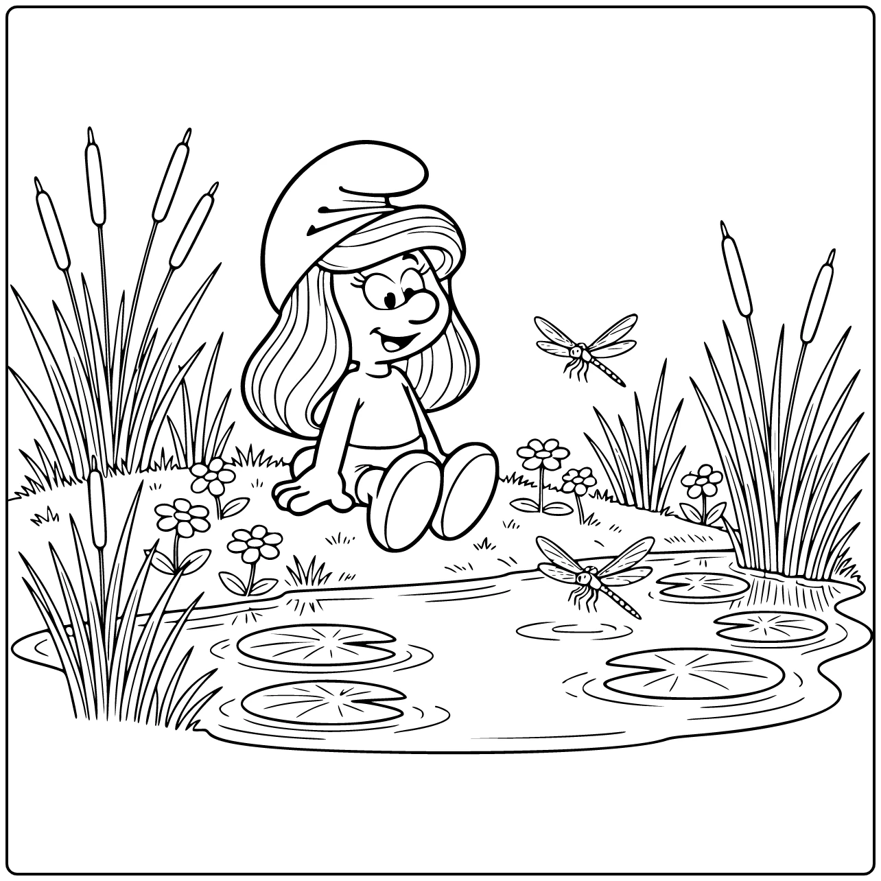 Smurfette Next to Pond and Two Dragonflies coloring page