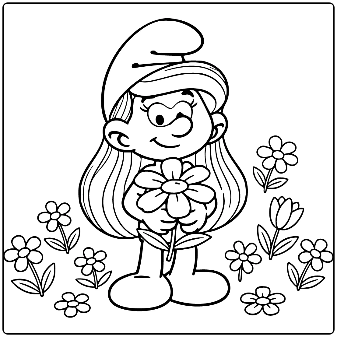 Smurfette Standing in Flowers Garden coloring page