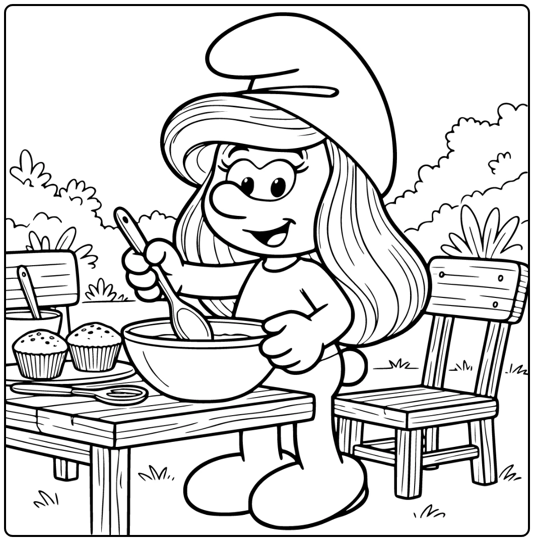 Smurfette Baking Outside with Spoon Over Oven Edge coloring page
