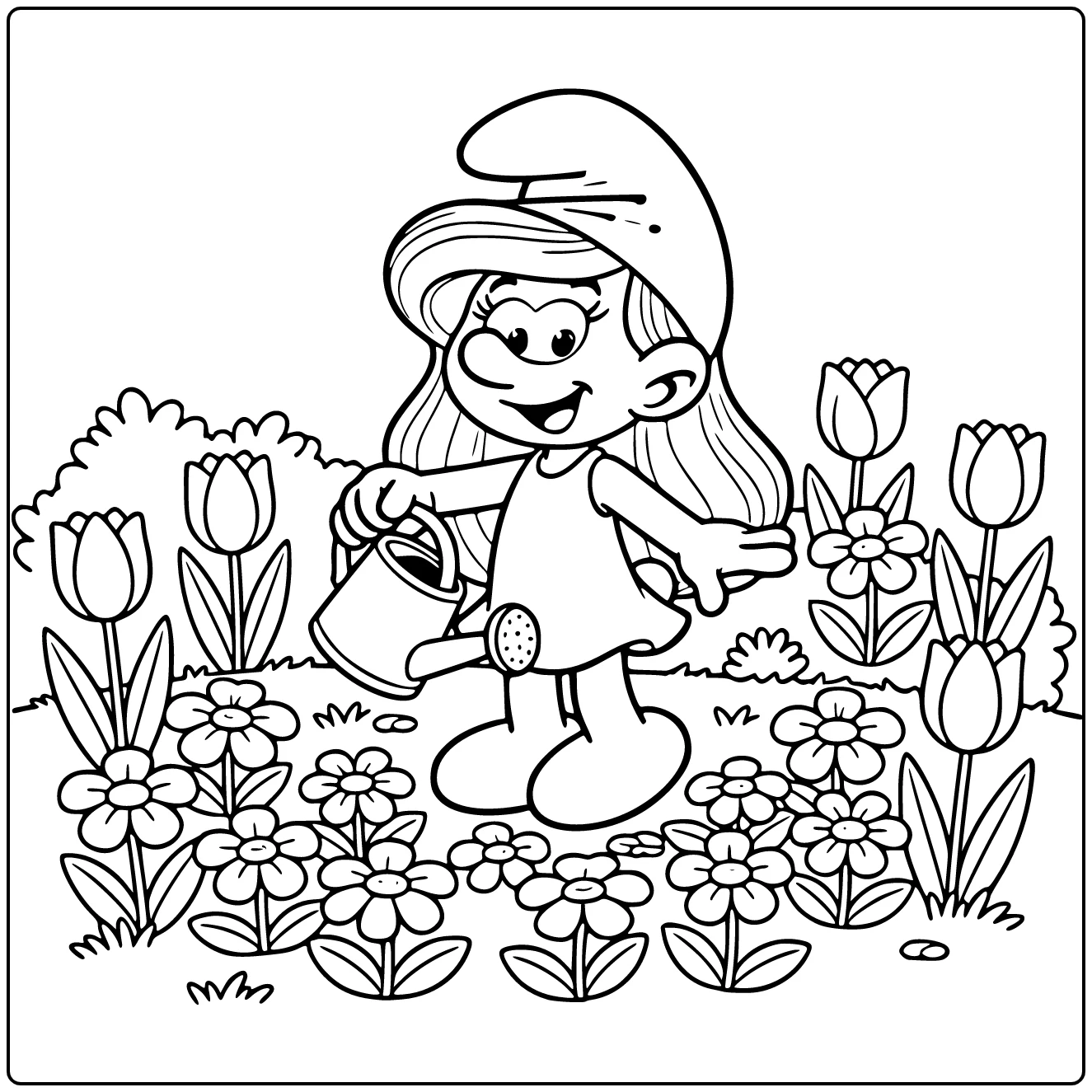 Smurfette with Blooming Flowers coloring page