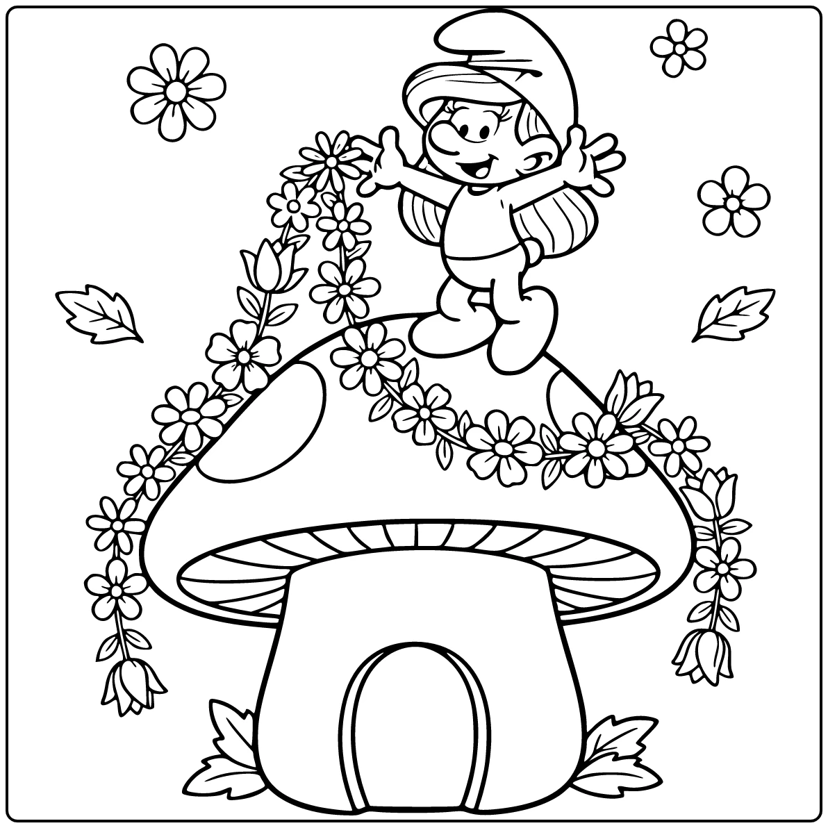 Smurfette with Flower Garlands on Mushroom House coloring page