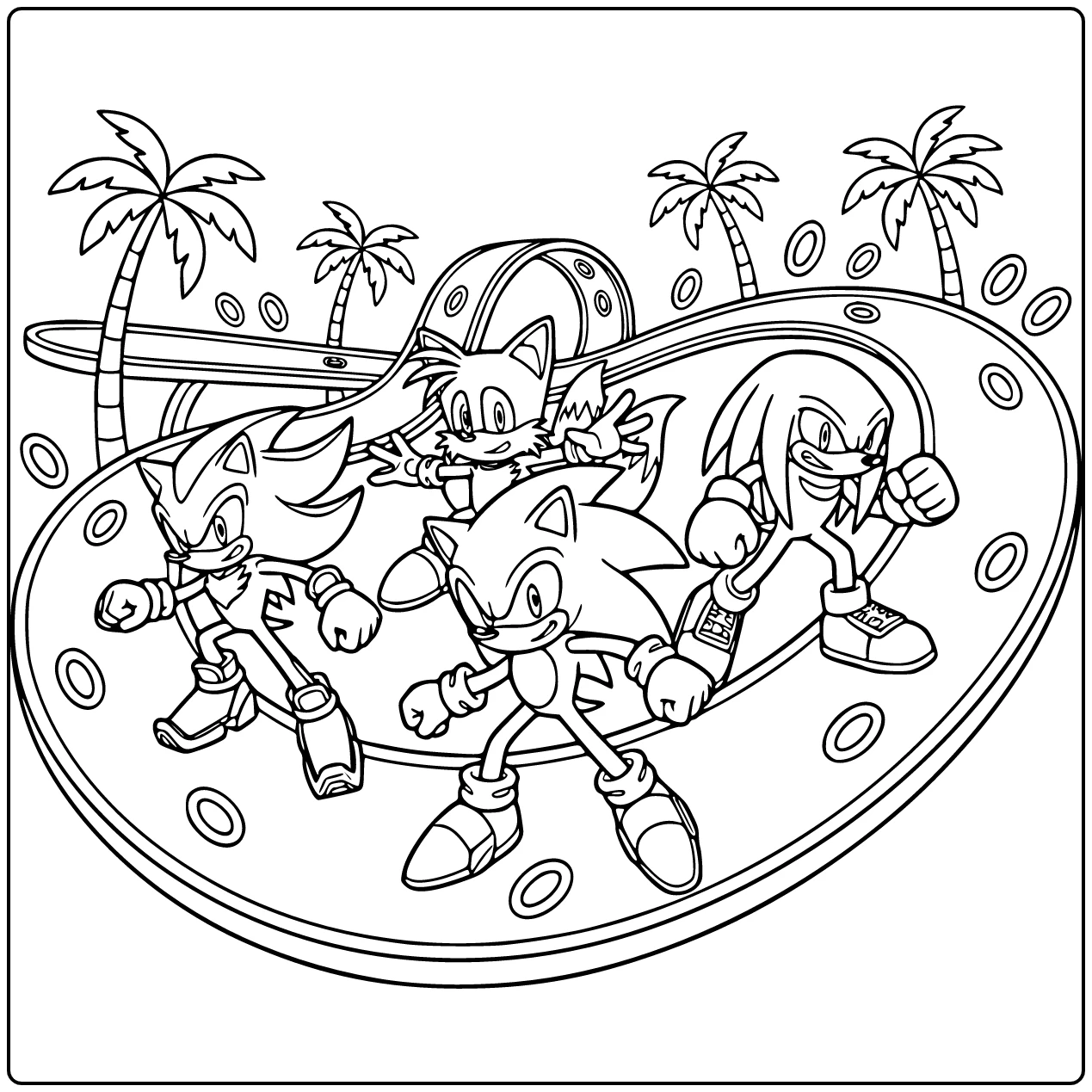 Sonic Tails Knuckles Shadow Game in Action Pose coloring page