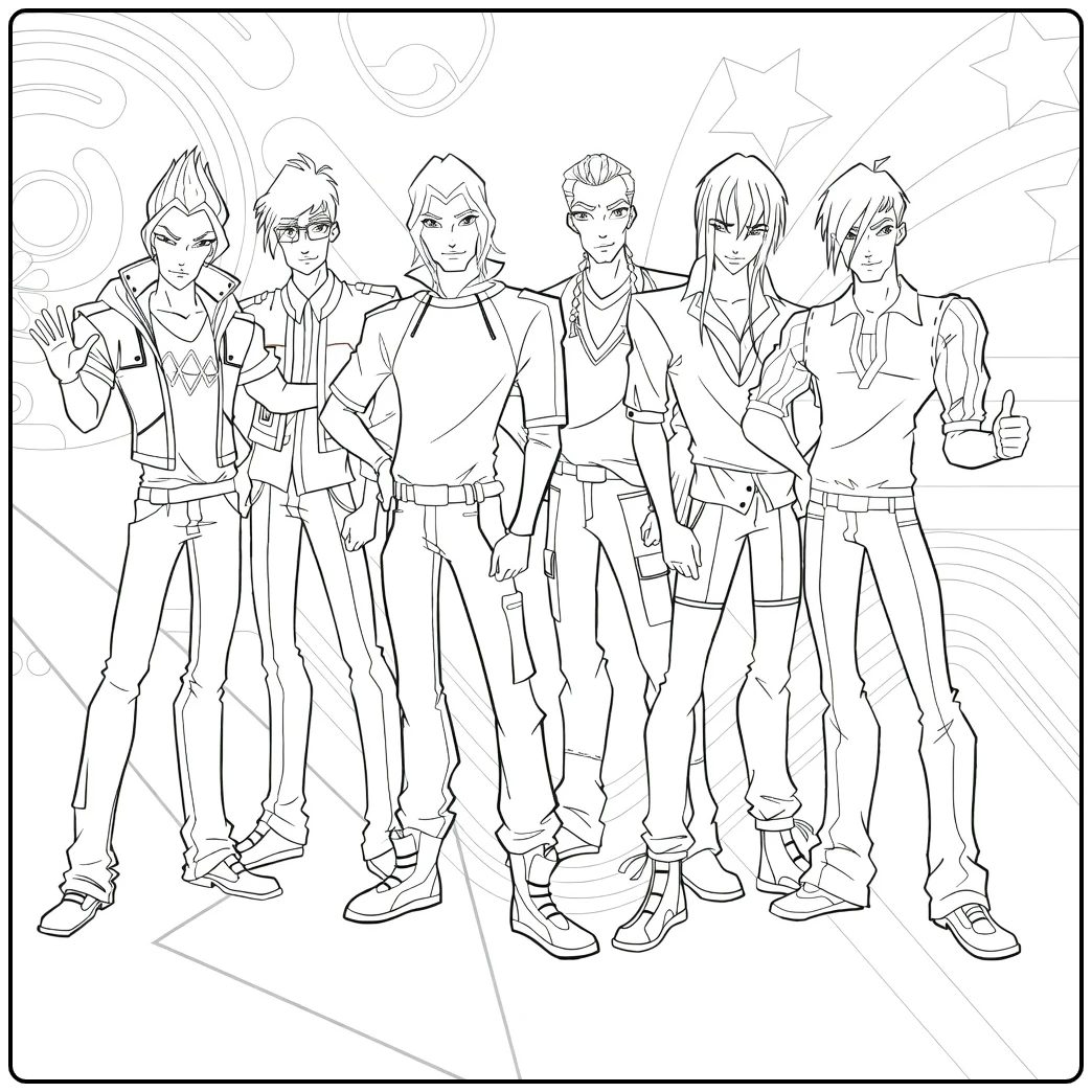 Specialists Boyband with Edgy Hairstyles and Outfits coloring page