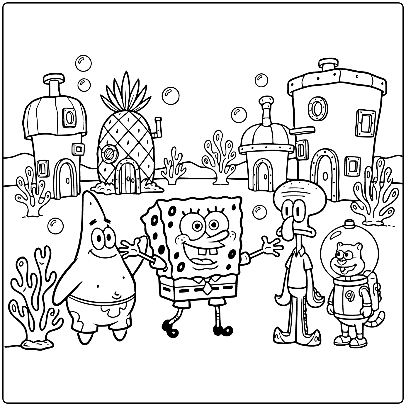 SpongeBob SquarePants coloring page with a cheerful printable scene