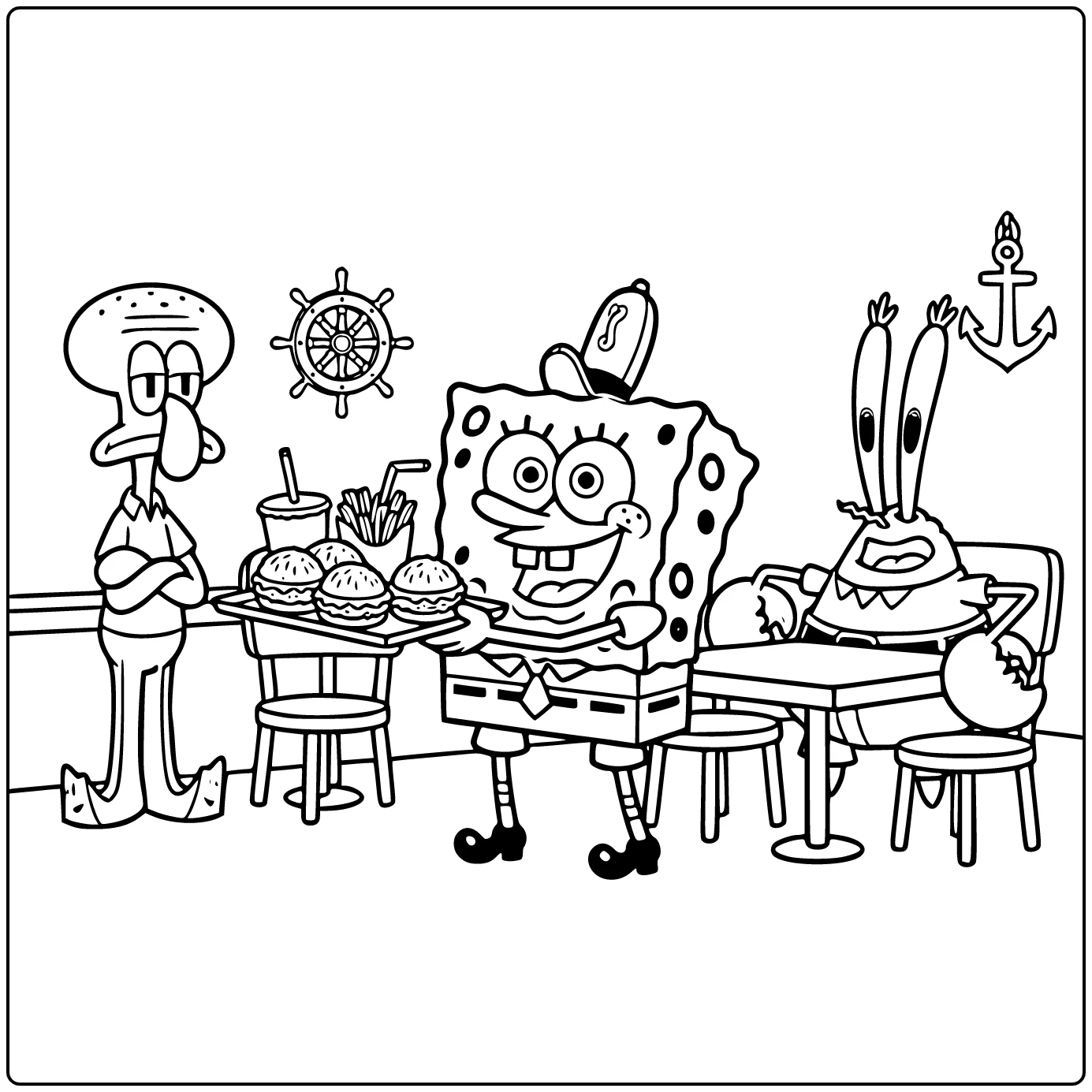 SquarePants SpongeBob and Squidward with Food Delivery coloring page