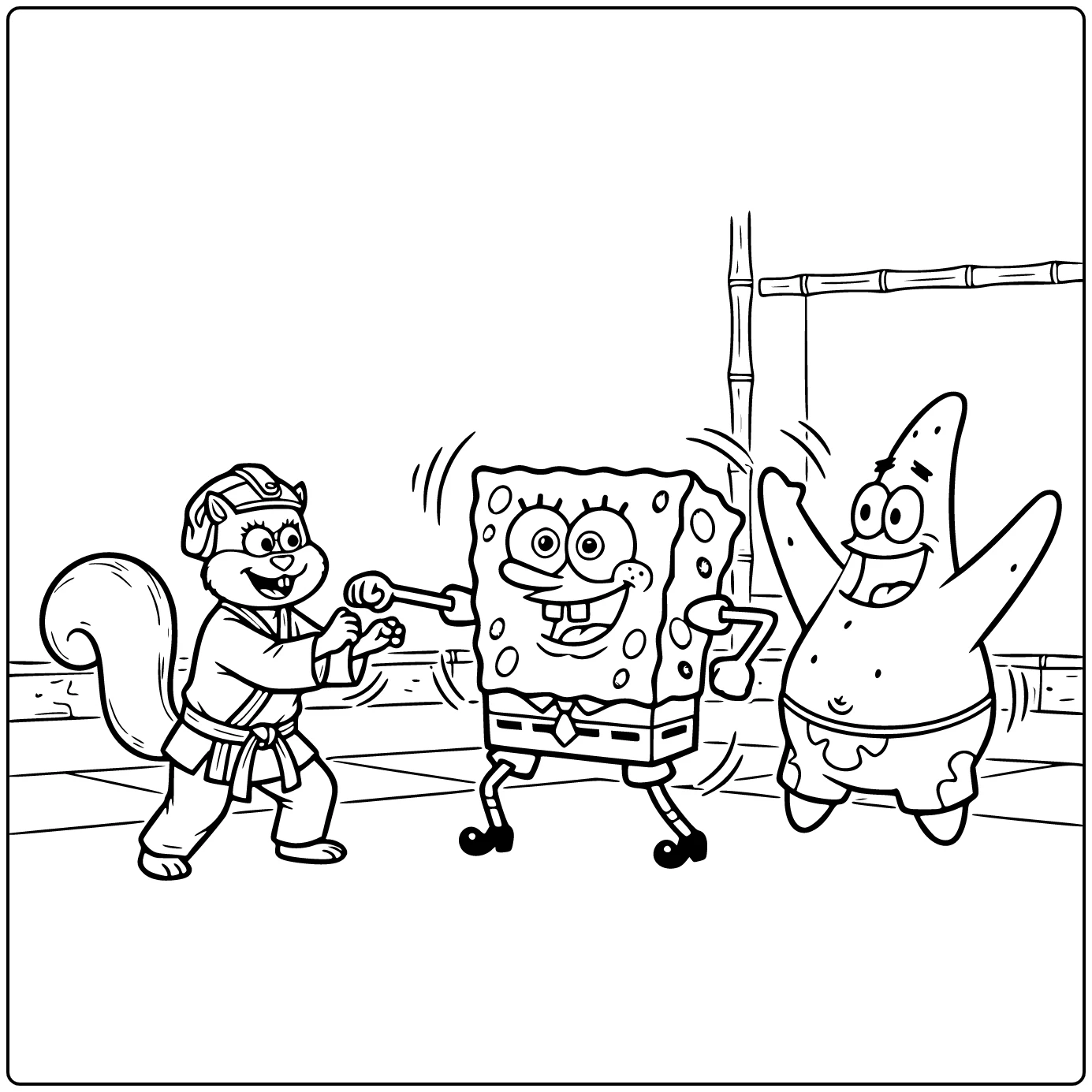 SquarePants SpongeBob Practicing Karate Pose with Sandy coloring page