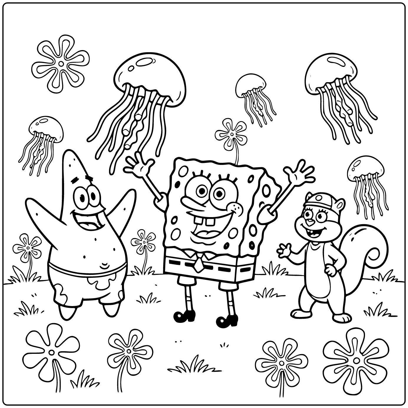 SquarePants SpongeBob and Patrick with Jellyfishing coloring page