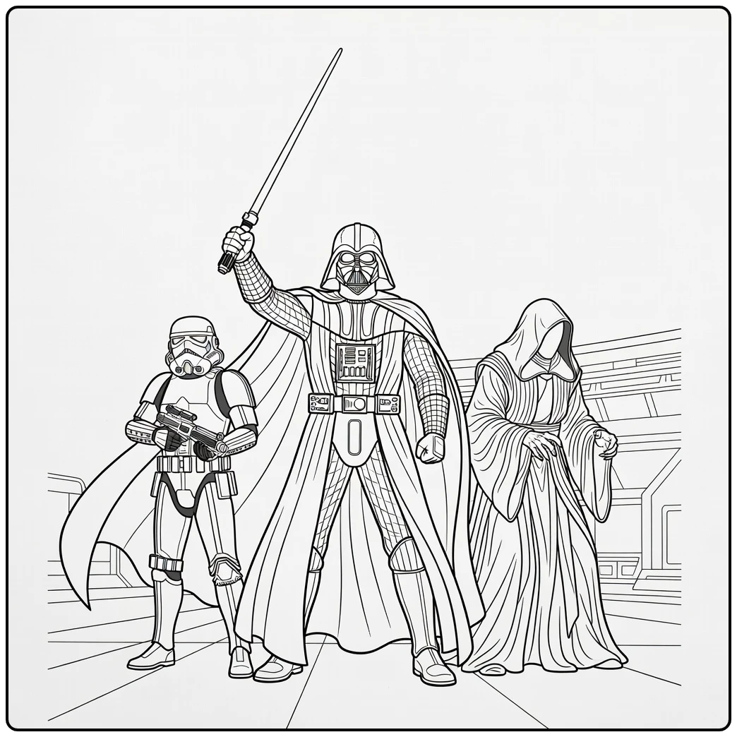 Star Wars Darth Vader in the Center with Henchmen coloring page
