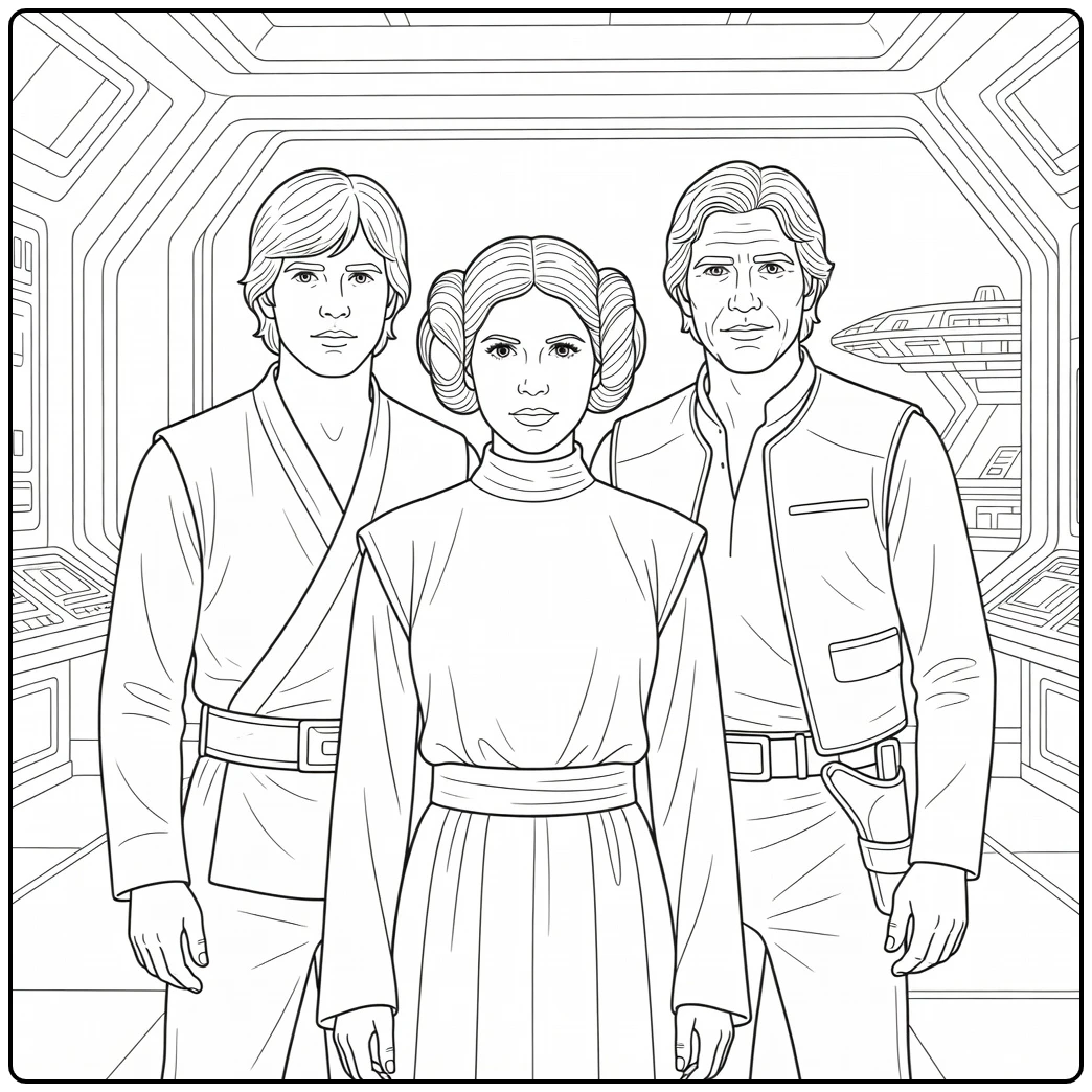 Star Wars Leia Luke and Han in Rebel Base coloring page