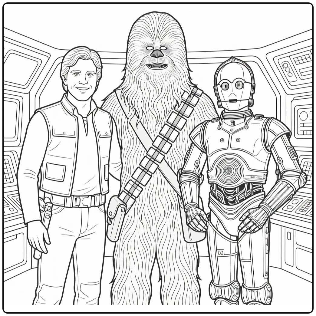 Easy Star Wars Chewbacca with Han Solo C 3po coloring page