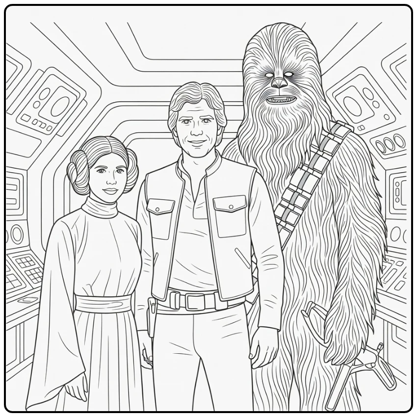 Easy Star Wars Han Solo Chewbacca Princess Leia coloring page