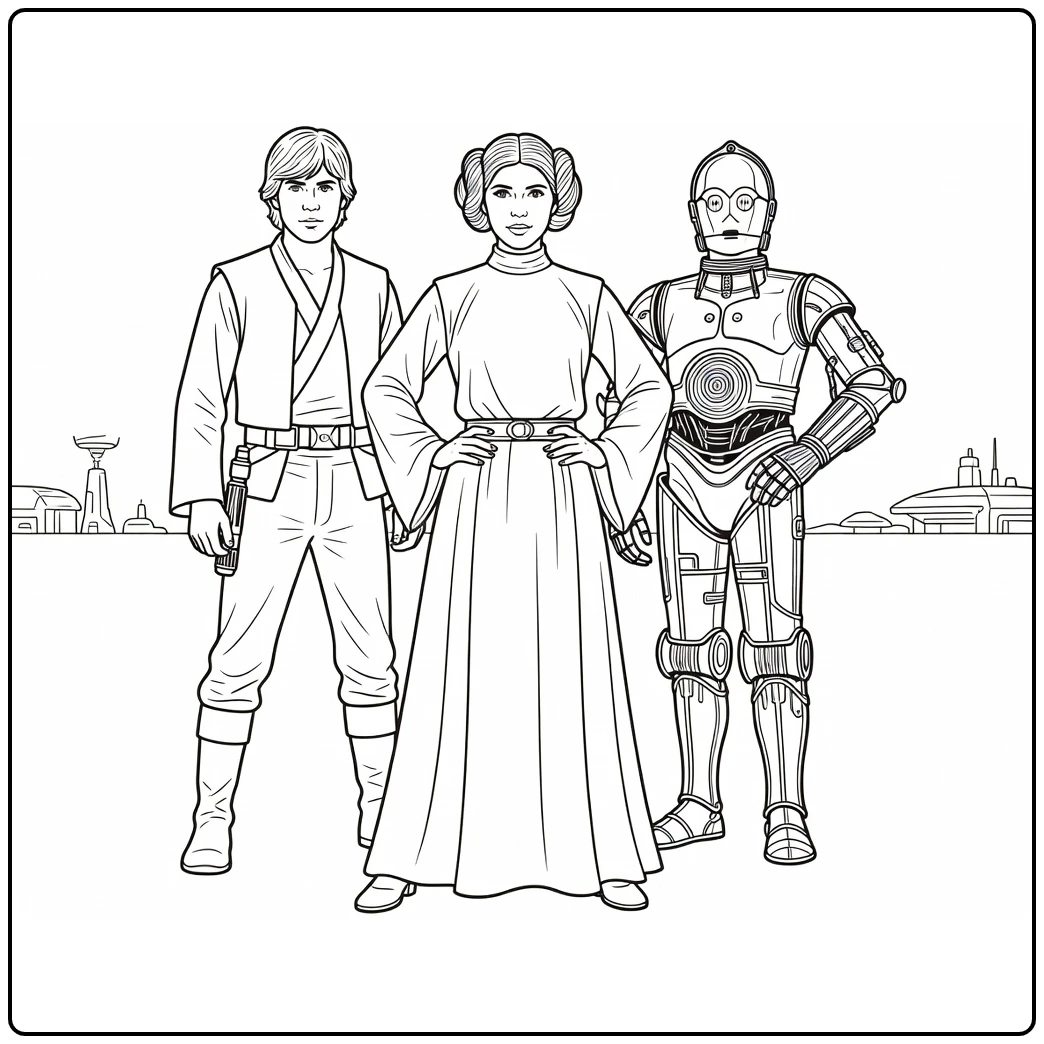 easy Star Wars coloring page with Princess Leia, Luke Skywalker, and C-3PO