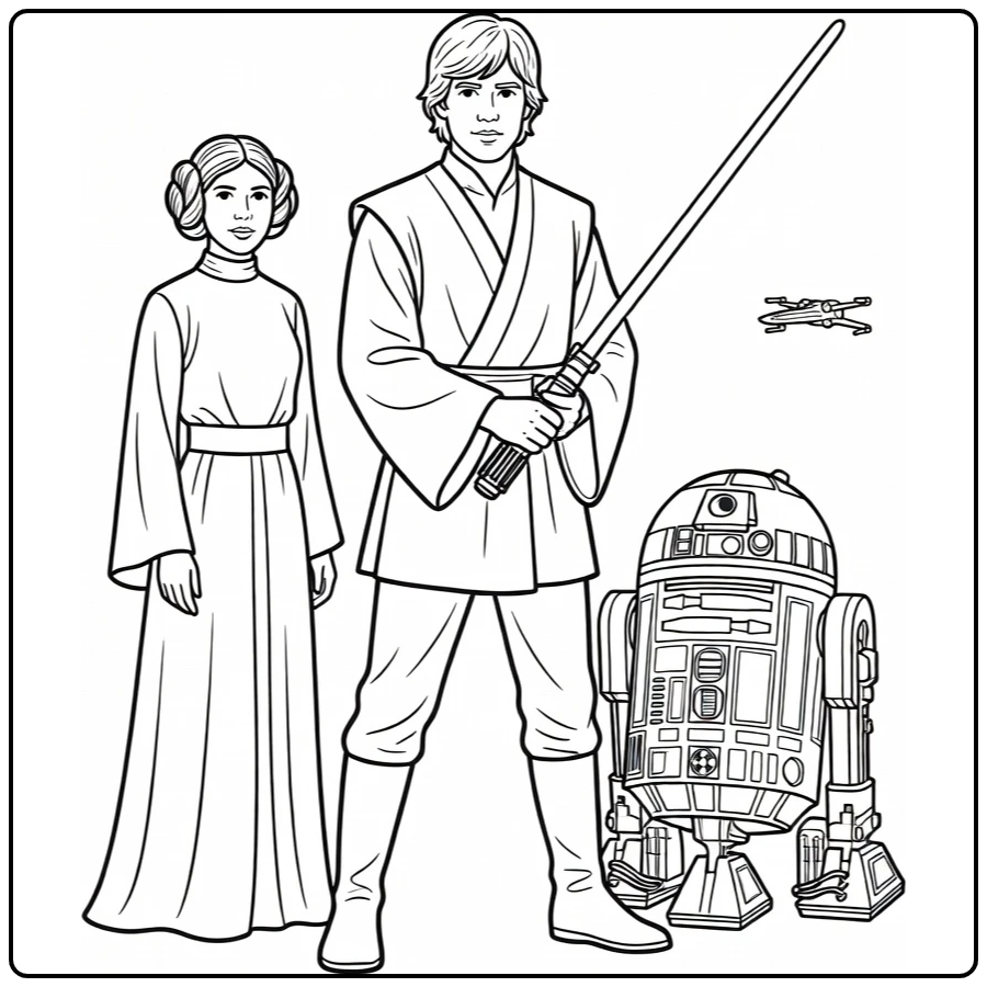 Easy Star Wars Luke Heroic Leia R2 D2 Spaceship coloring page