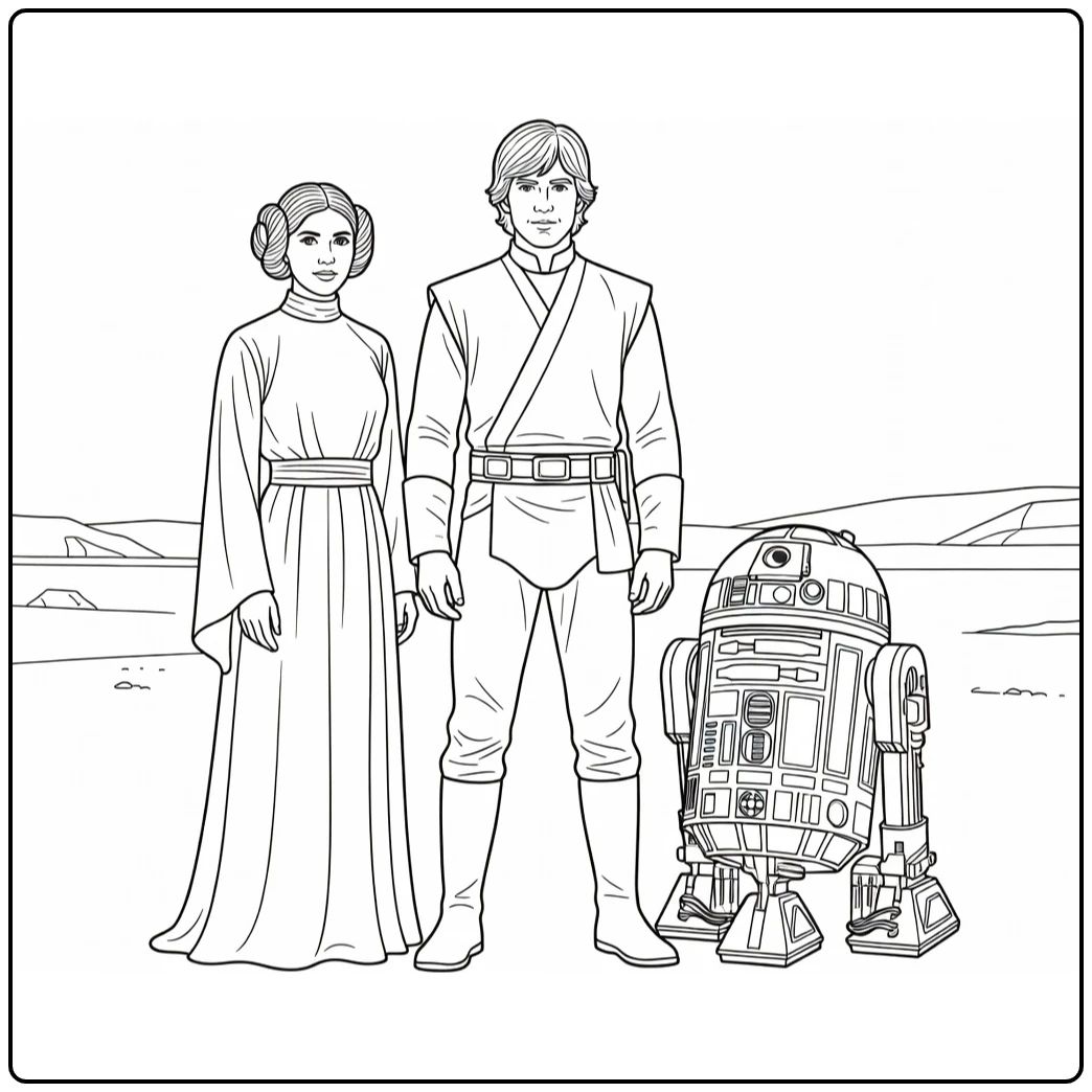Easy Star Wars Luke Leia and R2 D2 Heroic coloring page