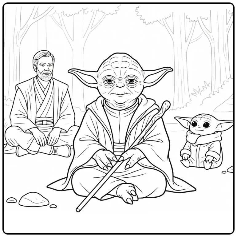 Easy Star Wars with Yoda Obi Wan and Grogu coloring page